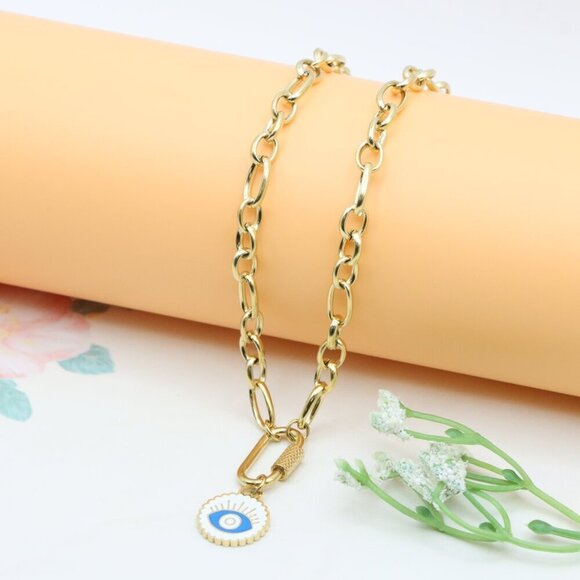 Chunky Gold Link Necklace with Eye Charm – Bold Yellow Jewelry, XPNL0368 - Picture 8 of 13